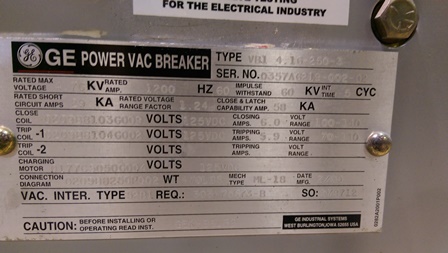 1200 Amp, GE, VB1 4.16-250-3, 2000, 125 VDC CLOSE/TRIP/MOTOR, ML-18 MECHANISM:1
