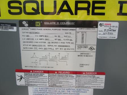 75 KVA, Pri 480 D, Sec 208Y/120, SQUARE D, GENERAL PURPOSE, UL RATED;