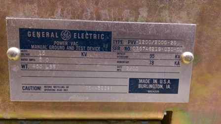 2000 Amp, GE, PVV-1200/2000-20, 15 KV, GROUND & TEST, MANUAL, DRAW-OUT; 1