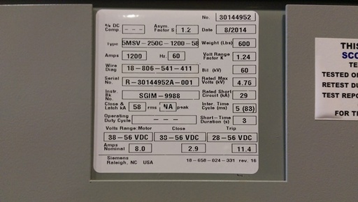 1200 Amp, SIEMENS, 5MSV-250C-1200-58, 4176 V., 2014, DRAW-OUT, 48 VDC CLOSE/TRIP
