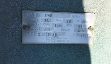 1200 AMP, SOUTHERN STATES, 38KV, EVB, HORIZONTAL MOUNT, VERTICAL BREAK, GOAB;