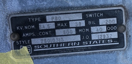 600 AMP, SOUTHERN STATES, PBO, 38 KV, HORIZONTAL MOUNT, VERTICAL BREAK, GOAB:1