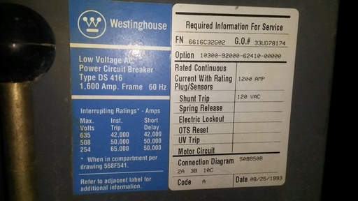 1600 Amp, WESTINGHOUSE, DS416, 480 V., 1993, M/O, D/O, 120 VAC SHUNT TRIP