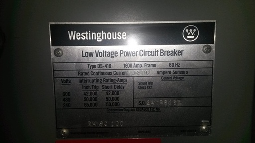 1600 Amp, WESTINGHOUSE, DS416, 480 V., M/O, D/O, 120 VAC SHUNT TRIP