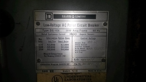1600 Amp, WESTINGHOUSE, DS416, 480 V., M/O, D/O, 120 VAC SHUNT TRIP