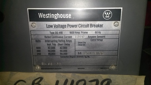 1600 Amp, WESTINGHOUSE, DS416, 480 V., M/O, D/O, 120 VAC SHUNT TRIP