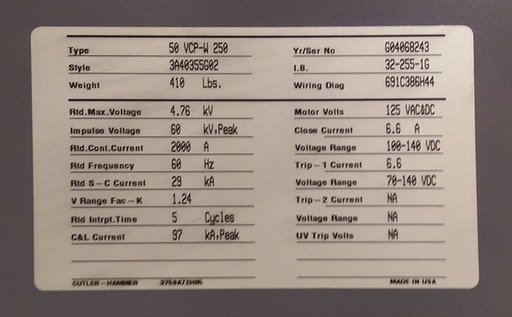 2000 Amp, CUTLER-HAMMER, 50 VCP-W 250, 4760 V., 2004, 125 VDC
