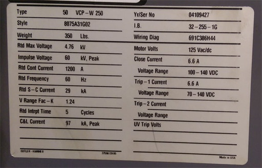 1200 Amp, CUTLER-HAMMER, 50 VCP-W 250, 4760 V., 2004, 125 VDC