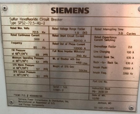3000 Amp, SIEMENS, SPS2-72.5-40-2, 72.5 KV, 2000,FA2.20 SPRING CHARGED OP. MECH.