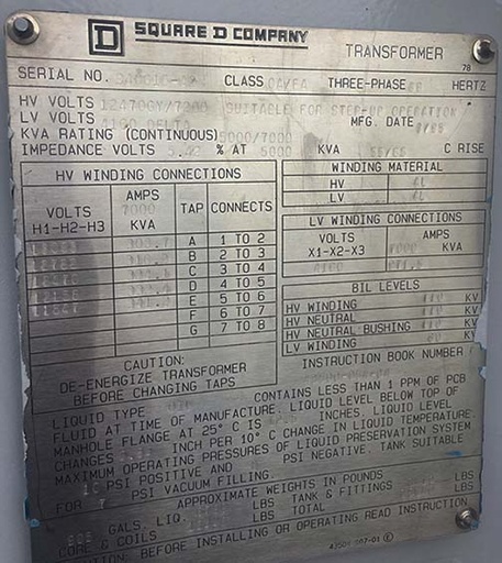 5000/7000 KVA, Pri 12470Y/7200, Sec 4160 D, SQUARE D, ALUMINUM