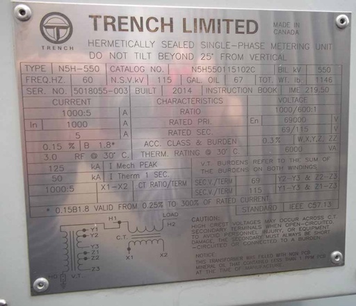 PRIMARY 69000 V, SECONDARY 69/115 V, TRENCH, N5H-550