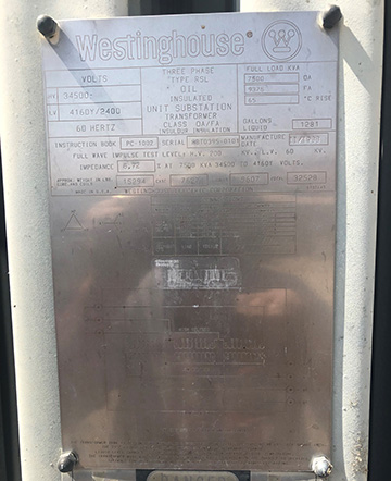 7500/9375 KVA, Pri 34500 D, Sec 4160Y/2400, WESTINGHOUSE