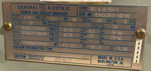 1200 Amp, GENERAL ELECTRIC, VB1 4.16-250-2, 4160 V., 1991, 48 VDC, ML-18:1
