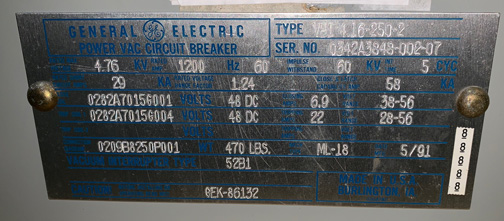 1200 Amp, GENERAL ELECTRIC, VB1 4.16-250-2, 4160 V., 1991, 48 VDC, ML-18:1