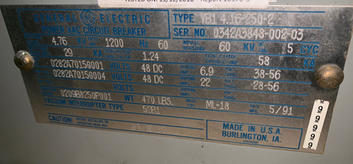 1200 Amp, GENERAL ELECTRIC, VB1 4.16-250-2, 4160 V., 1991, 48 VDC, ML-18:1