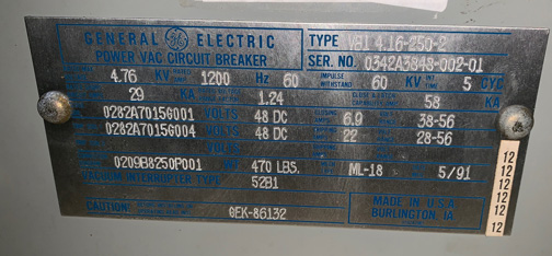 1200 Amp, GENERAL ELECTRIC, VB1 4.16-250-2, 4160 V., 1991, 48 VDC, ML-18:1