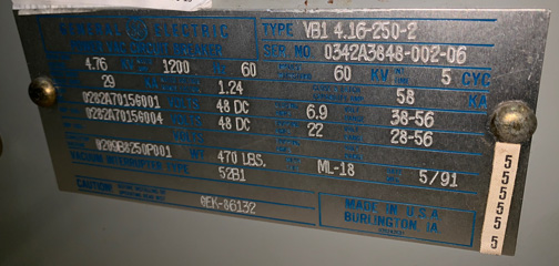 1200 Amp, GENERAL ELECTRIC, VB1 4.16-250-2, 4160 V., 1991, 48 VDC, ML-18:1
