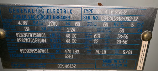 1200 Amp, GENERAL ELECTRIC, VB1 4.16-250-2, 4160 V., 1991, 48 VDC, ML-18:1