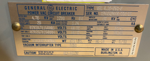 1200 Amp, GENERAL ELECTRIC, VB1 4.16-250-2, 4160 V., 1991, 48 VDC, ML-18:1