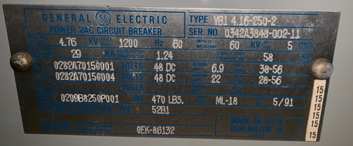 1200 Amp, GENERAL ELECTRIC, VB1 4.16-250-2, 4160 V., 1991, 48 VDC, ML-18:1
