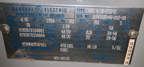 1200 Amp, GENERAL ELECTRIC, VB1 4.16-250-2, 4160 V., 1991, 48 VDC, ML-18 MECH:1