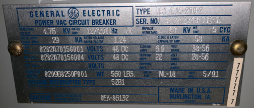2000 Amp, GENERAL ELECTRIC, VB1 4.16-250-2, 4160 V., 1991, 48 VDC, ML-18 MECH:1