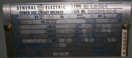 2000 Amp, GENERAL ELECTRIC, VB1 4.16-250-2, 4160 V., 1991, 48 VDC, ML-18 MECH:1