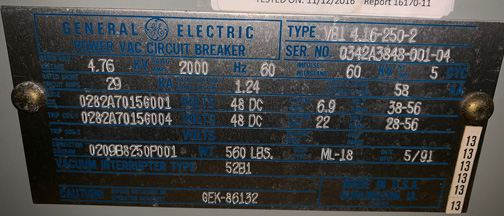 2000 Amp, GENERAL ELECTRIC, VB1 4.16-250-2, 4160 V., 1991, 48 VDC, ML-18 MECH:1