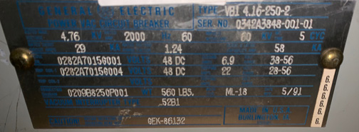 2000 Amp, GENERAL ELECTRIC, VB1 4.16-250-2, 4160 V., 1991, 48 VDC, ML-18 MECH:1