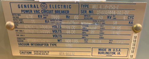 2000 Amp, GENERAL ELECTRIC, VB1 4.16-250-2, 4160 V., 1991, 48 VDC, ML-18 MECH:1