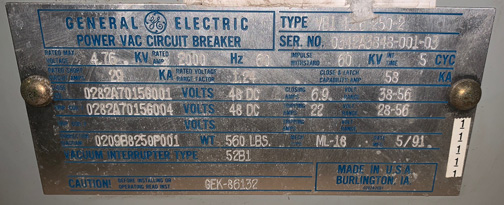 2000 Amp, GENERAL ELECTRIC, VB1 4.16-250-2, 4160 V., 1991, 48 VDC, ML-18 MECH:1