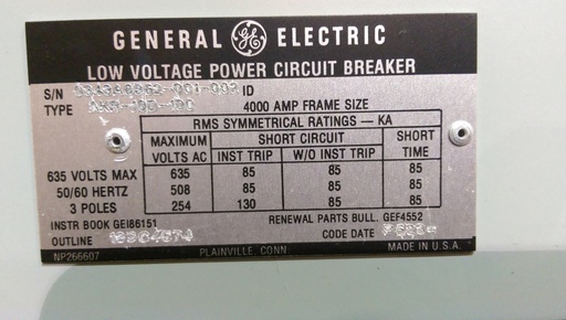 4000 Amp, GENERAL ELECTRIC, AKR-10D-100, 480 V., M/O, D/O, MVT PLUS TRIP LIG