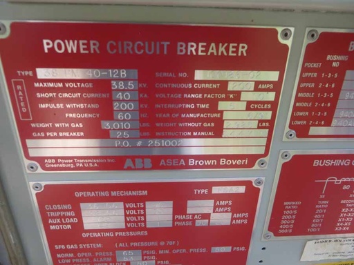 1200 Amp, ABB, No. 38PM40-12B, 38500 V., 1991, 48 VDC CLOSE/TRIP/MOTOR, FSA-2
