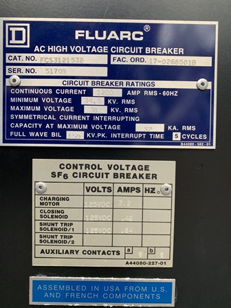 1200 Amp, SQUARE D, No. FLUARC SF6, 34500 V., CAT. #FCS3121532
