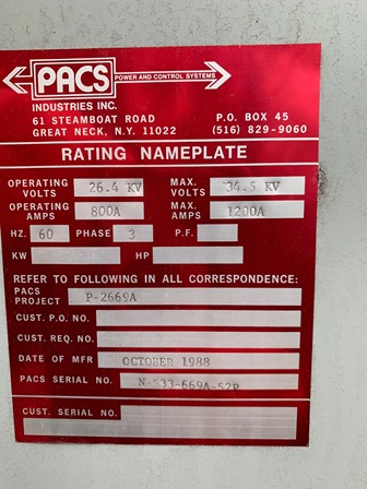 1200 Amp, SQUARE D, No. FLUARC SF6, 34500 V., CAT. #FCS3121532