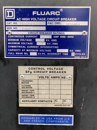 1200 Amp, SQUARE D, No. FLUARC SF6, 34500 V., CAT. #FCO3121532