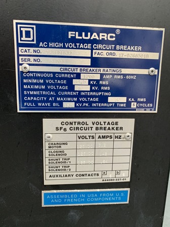 1200 Amp, SQUARE D, No. FLUARC SF6, 34500 V., CAT. #FCS3121532