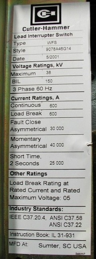600 Amp, CUTLER-HAMMER, No. WFS, 38000 V., 2001, OUTDOOR ENCLOSED:1