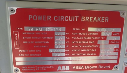 1200 Amp, ABB, No. 38PM40-12B, 38000 V., 1991, 48 VDC CLOSE/TRIP/MOTOR, FSA2