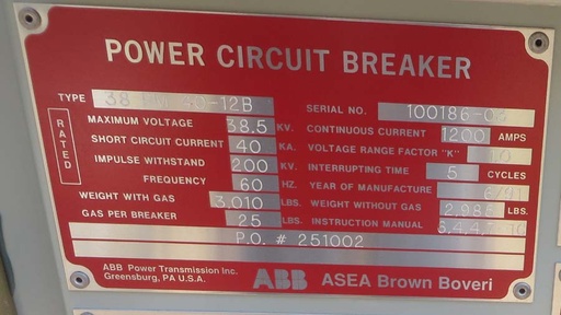 1200 Amp, ABB, No. 38PM40-12B, 38000 V., 1991, 48 VDC CLOSE/TRIP/MOTOR, FSA2