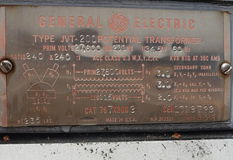 27600 V PRIMARY, 115 V SECONDARY, GE TYPE JVT-200 POTENTIAL TRANSFORMER