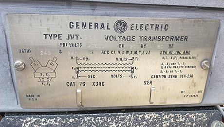 27600 V PRIMARY, 115 V SECONDARY, GE TYPE JVT-200 POTENTIAL TRANSFORMER