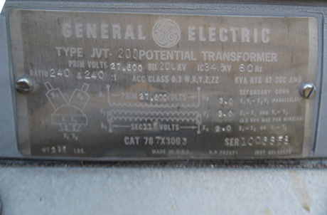 27600 V PRIMARY, 115 V SECONDARY, GE TYPE JVT-200 POTENTIAL TRANSFORMER