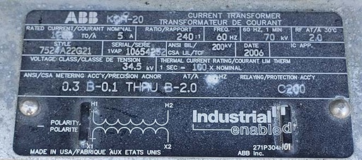 34500 V ABB TYPE KOR-20 CURRENT TRANSFORMER, 1200:5 RATIO, STYLE 7524A22G21:3
