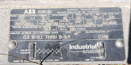 34500 V ABB TYPE KOR-20 CURRENT TRANSFORMER, 1200:5 RATIO, STYLE 7524A22G21