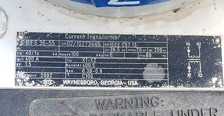 36000 V RITZ TYPE GIFS 36-55 CURRENT TRANSFORMER, 400:5 RATIO:4