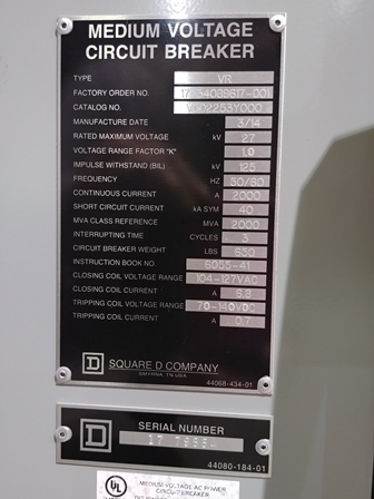 2000 Amp, SQUARE D, VR V5D2253Y000, 27 KV, 125 VDC CONTROLS, UNUSED