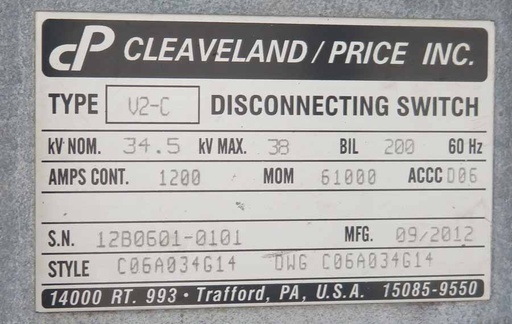 1200 Amp, CLEAVELAND/PRICE, No. V2-C, 34500 V., 2012, DISCONNECT SWITCH:1