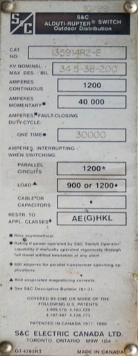 1200 Amp, S & C, No. ALDUTI-RUPTER, 34500 V., 1999, OUTDOOR SWITCH:1