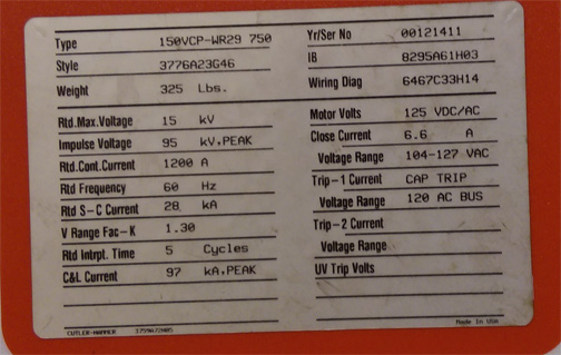1200 Amp, CUTLER HAMMER, 150VCP-WR29 750, 15 KV, 2000, UNUSED:1